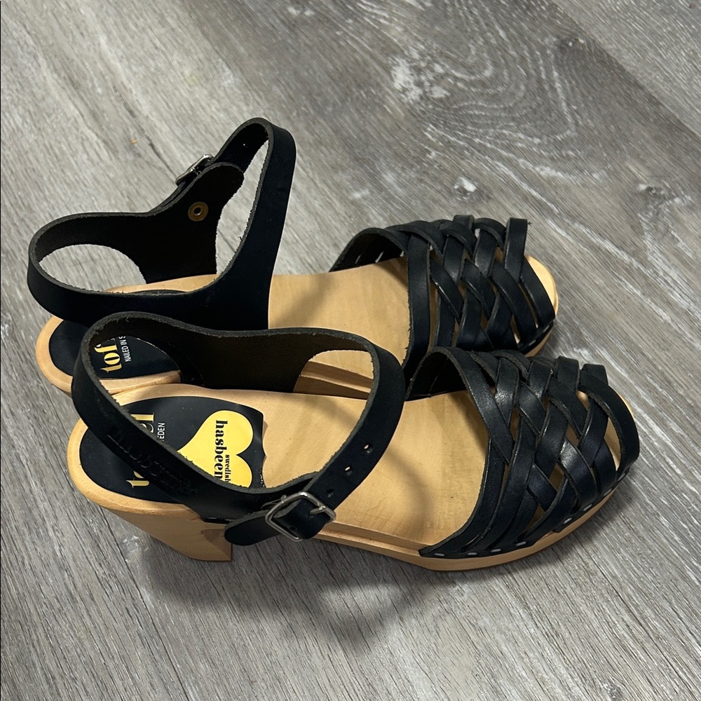 Swedish Hasbeens Black Woven Leather Clog Sandals 37/ 6.5-7 - Picture 2 of 10
